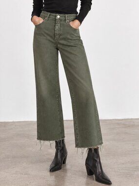 L'AGENCE Wanda High Rise Cropped Wide Leg Stretch Fray Jeans Balsam Green 26 EUC